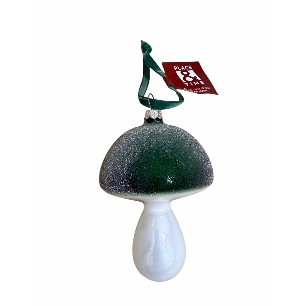 Place & Time Frosty Mushroom Glass Ornaments Christmas Decor Green Red 5” Pair - Picture 5 of 6